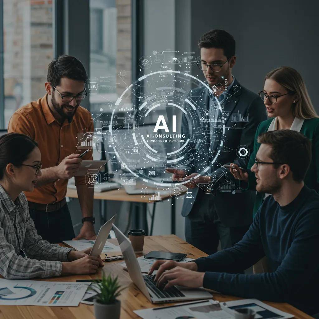 Blog 6 Diverse professionals collaborating on AI consulting strategies in a modern office