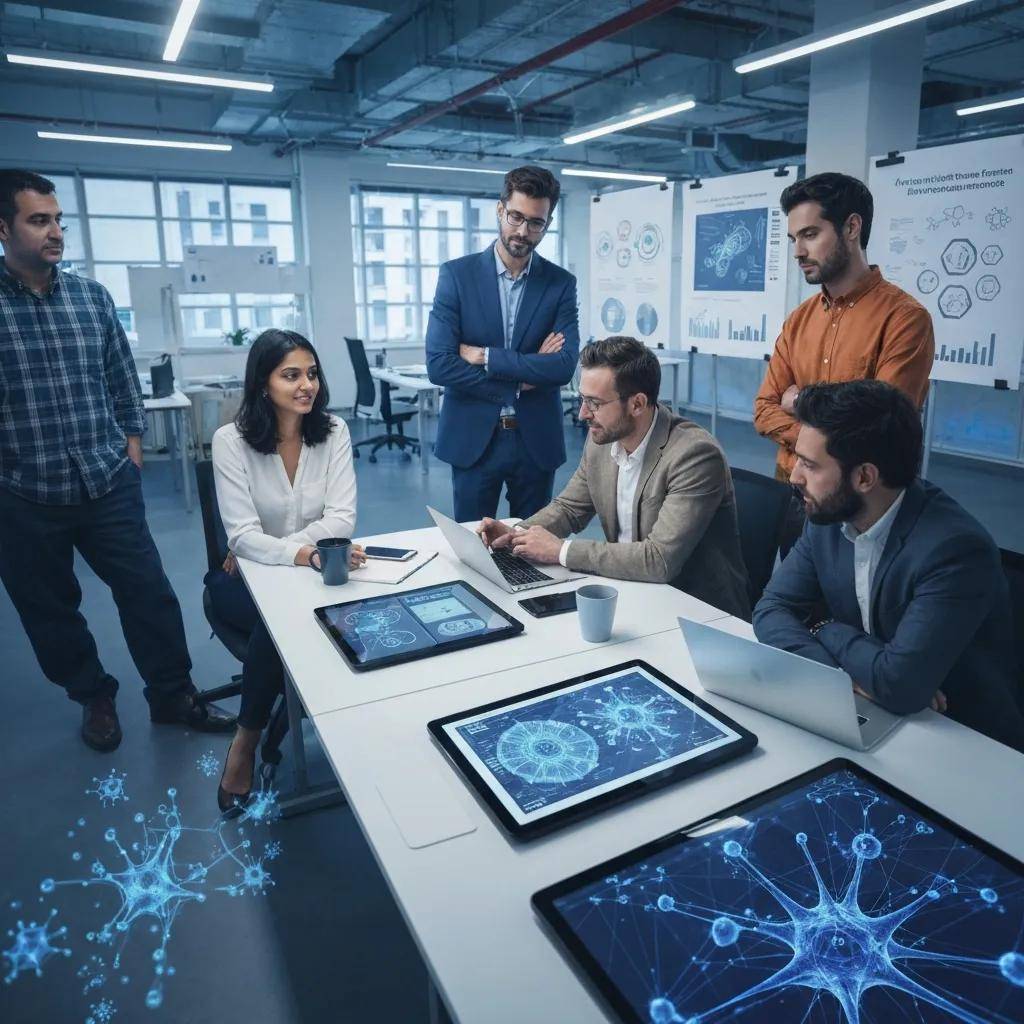 Diverse professionals collaborating on AI governance in a modern office