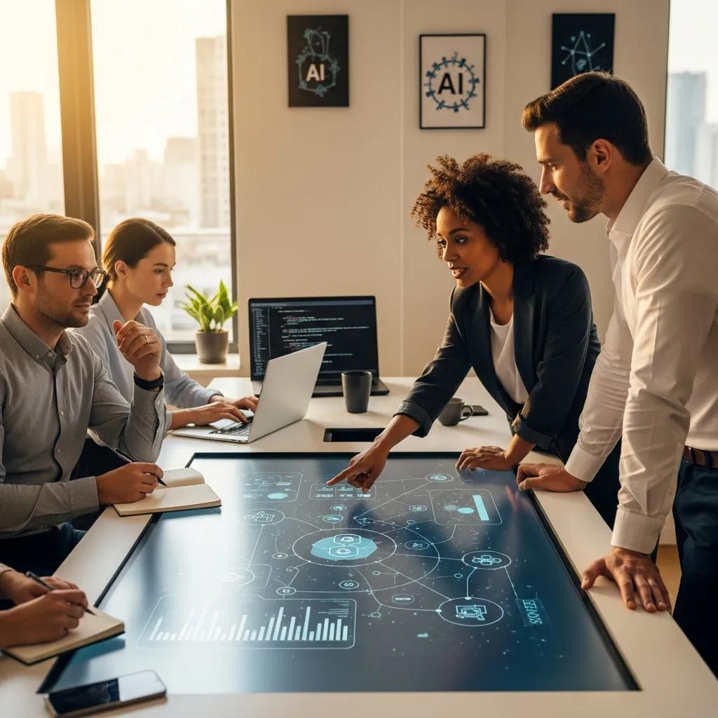 Diverse professionals collaborating on AI governance strategies in a modern office