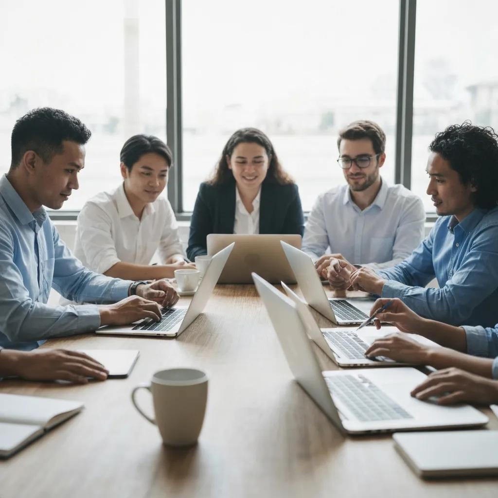 Diverse professionals collaborating on AI strategies in a modern office setting