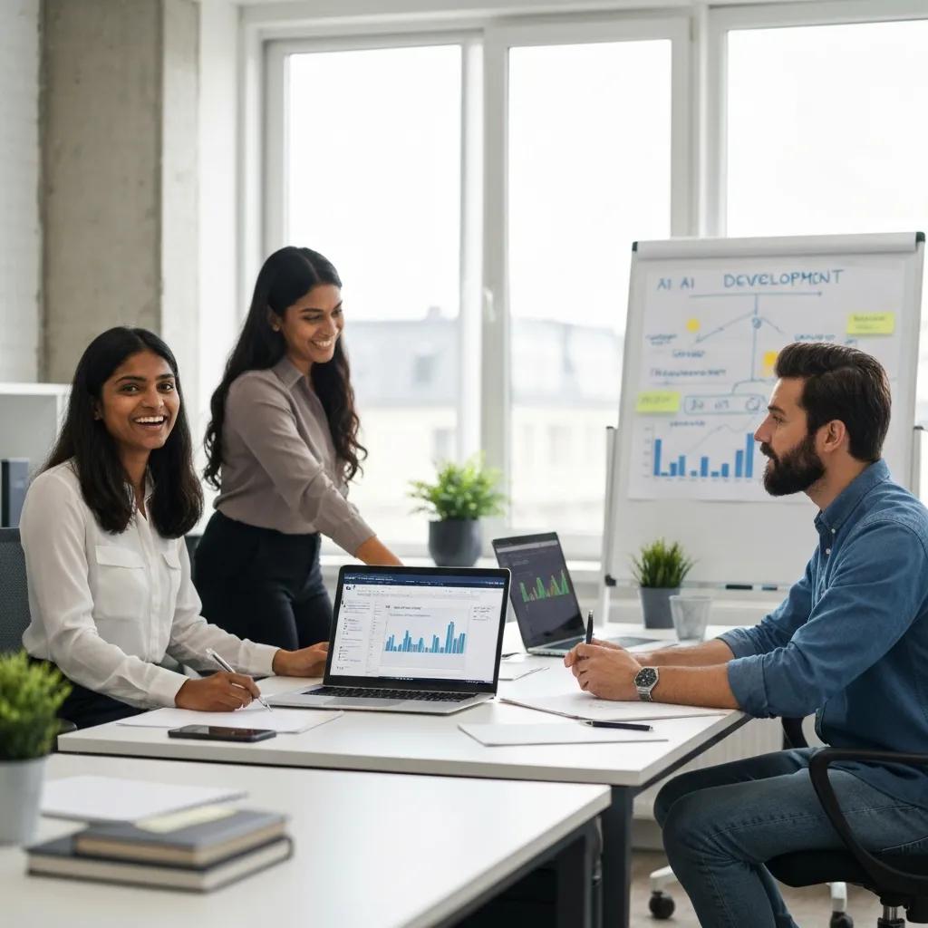 Diverse professionals collaborating on AI strategy in a modern office setting