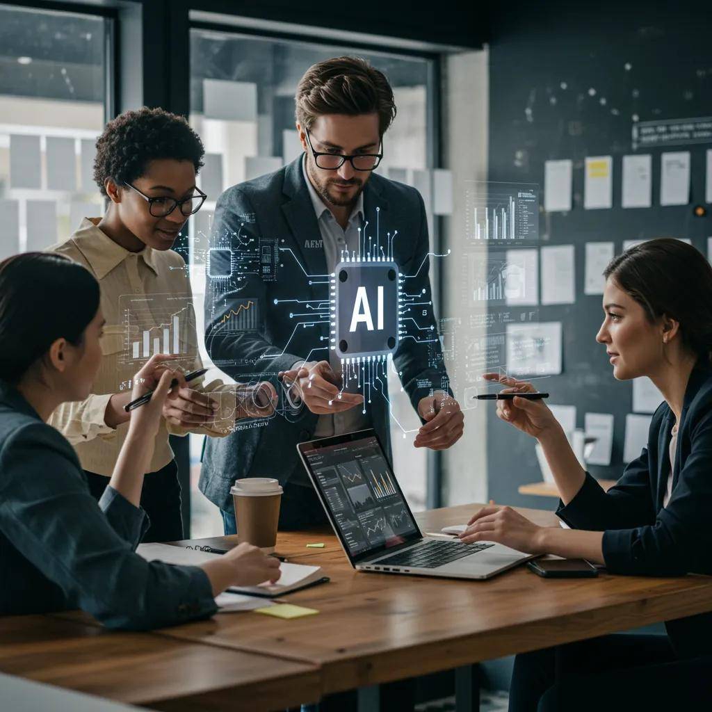 Blog 4 Diverse professionals collaborating on AI technology in a modern office setting
