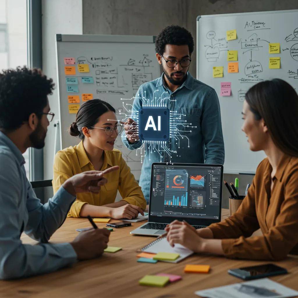 Diverse professionals collaborating on AI technology in a modern office setting