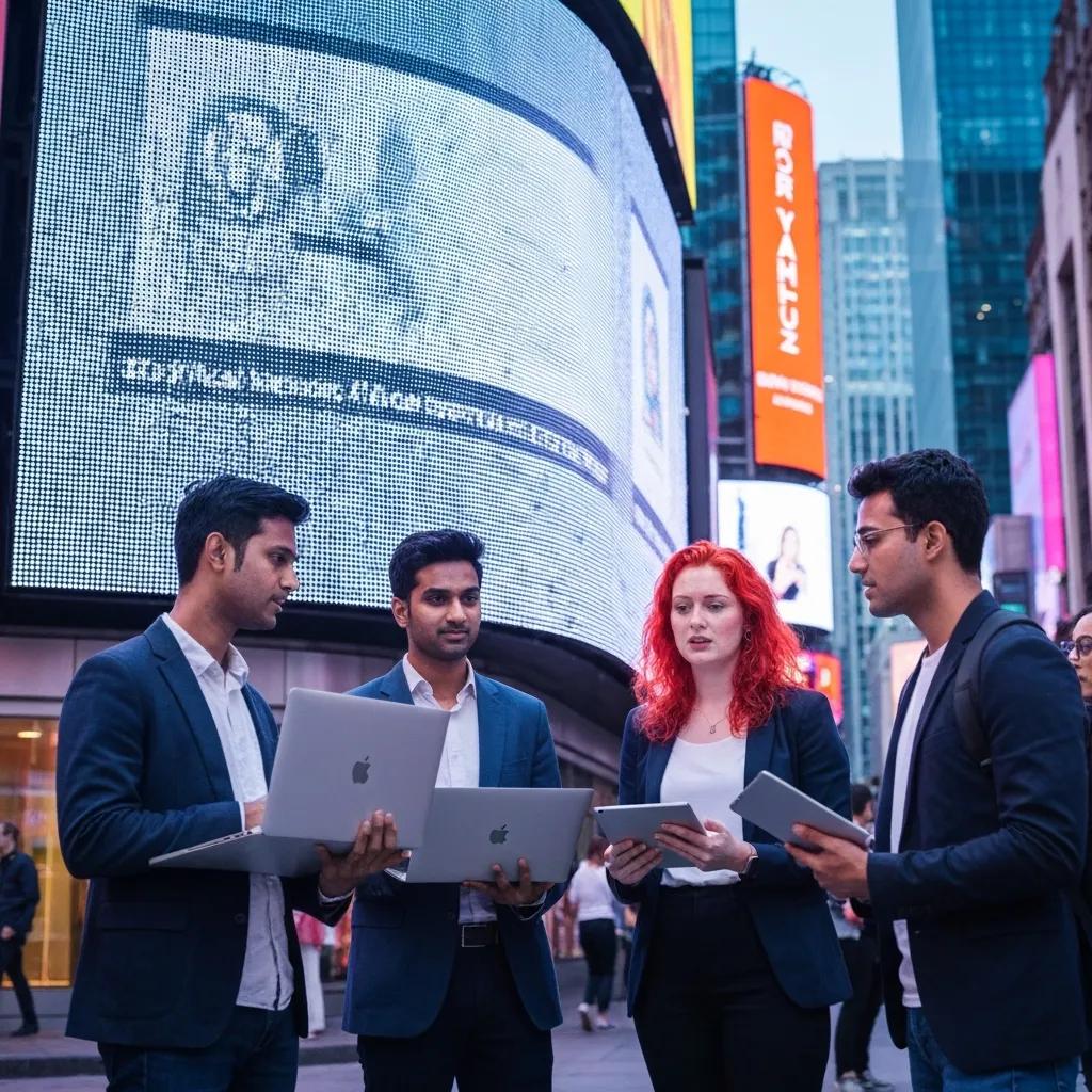 Diverse professionals collaborating on ethical AI deployment in a modern office