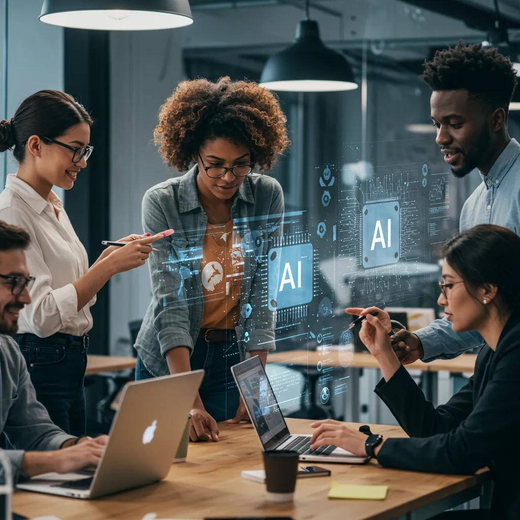 Diverse professionals collaborating on human-centric AI solutions in a modern office