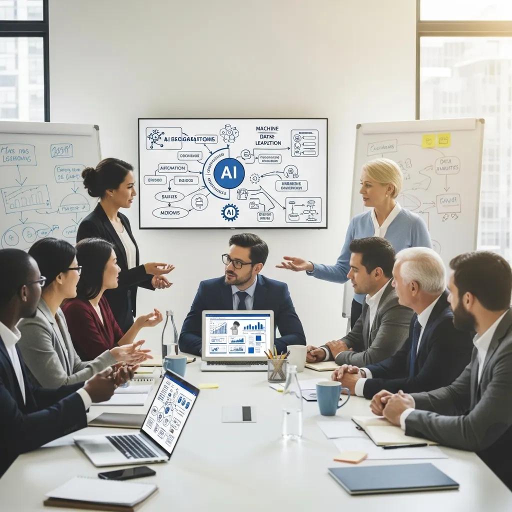 Diverse small business leaders collaborating on AI strategies in a modern office