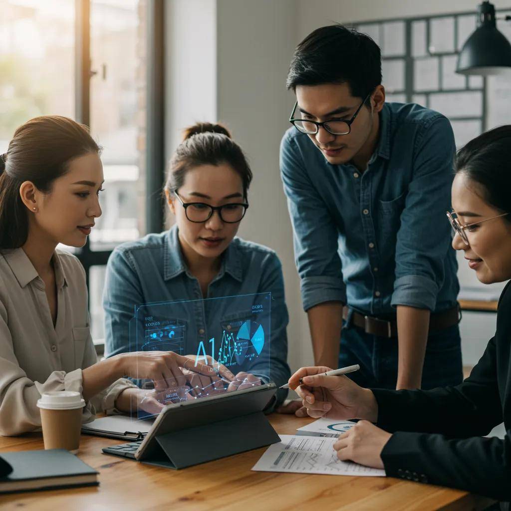 Diverse small business owners collaborating on AI strategies in a modern office