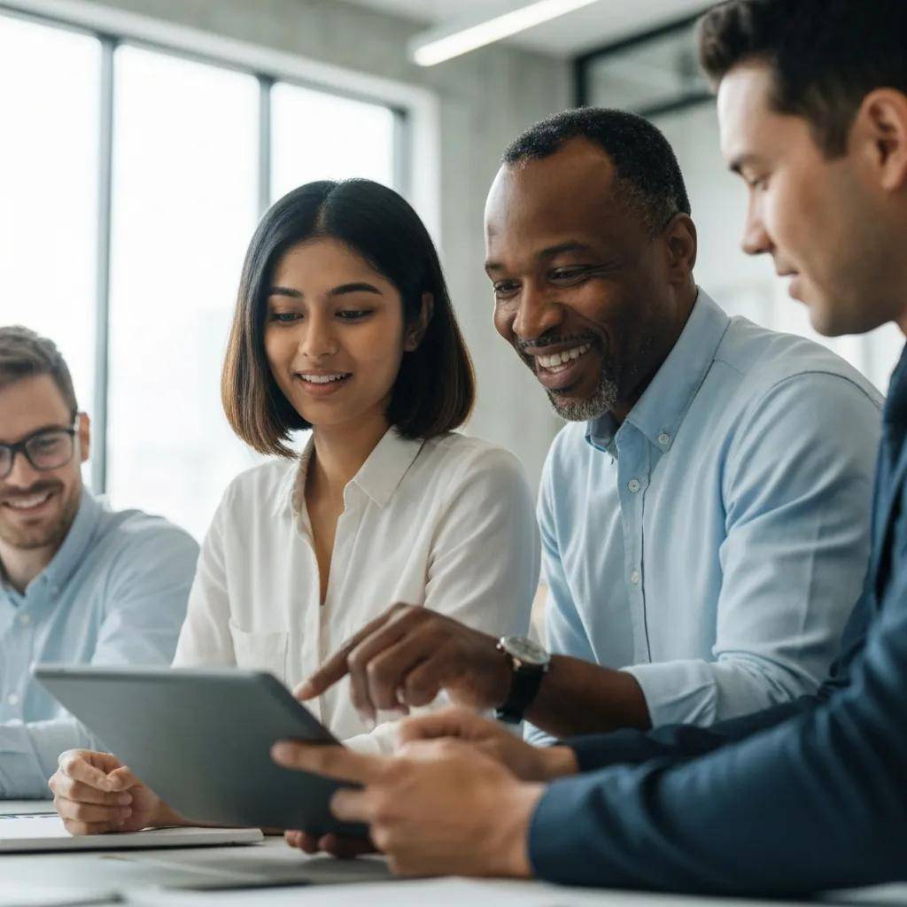 Diverse small business owners collaborating on AI strategy in a modern office