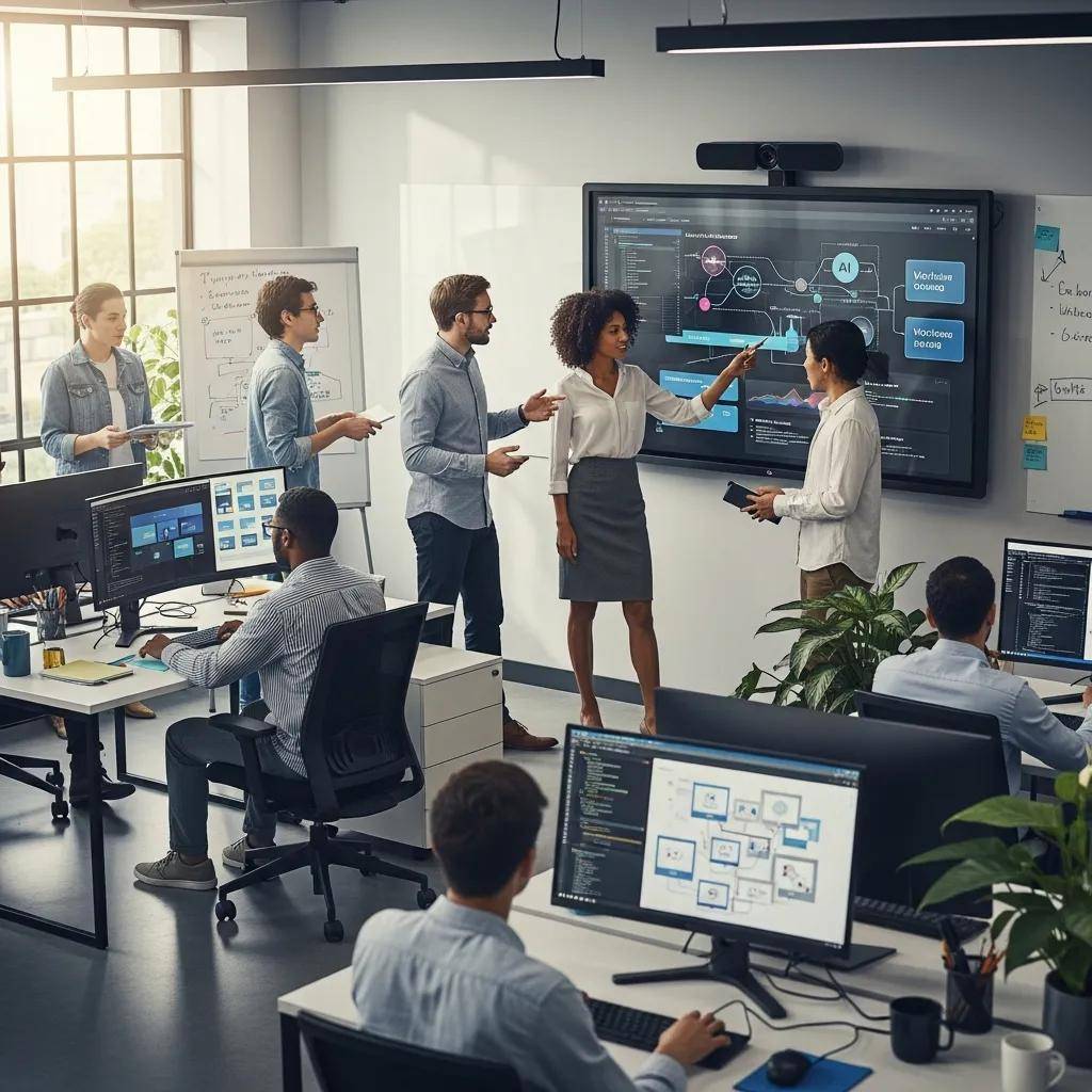 Blog 5 Diverse team collaborating with AI tools in a modern office setting