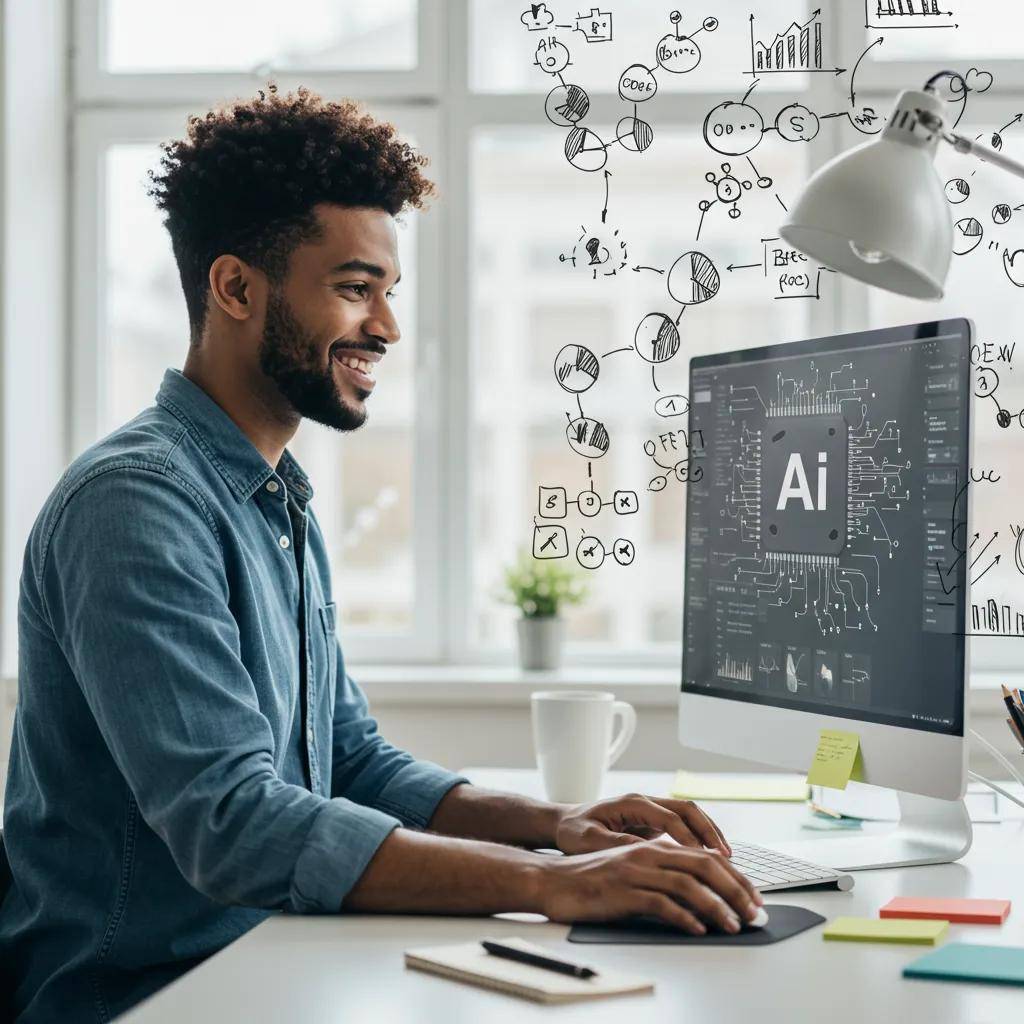 Employee using AI tools in a modern workspace, enhancing productivity and well-being