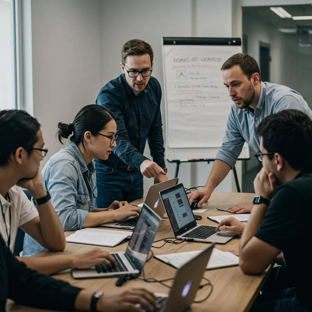 Employees engaged in a hands-on AI training workshop, highlighting collaboration and skill development