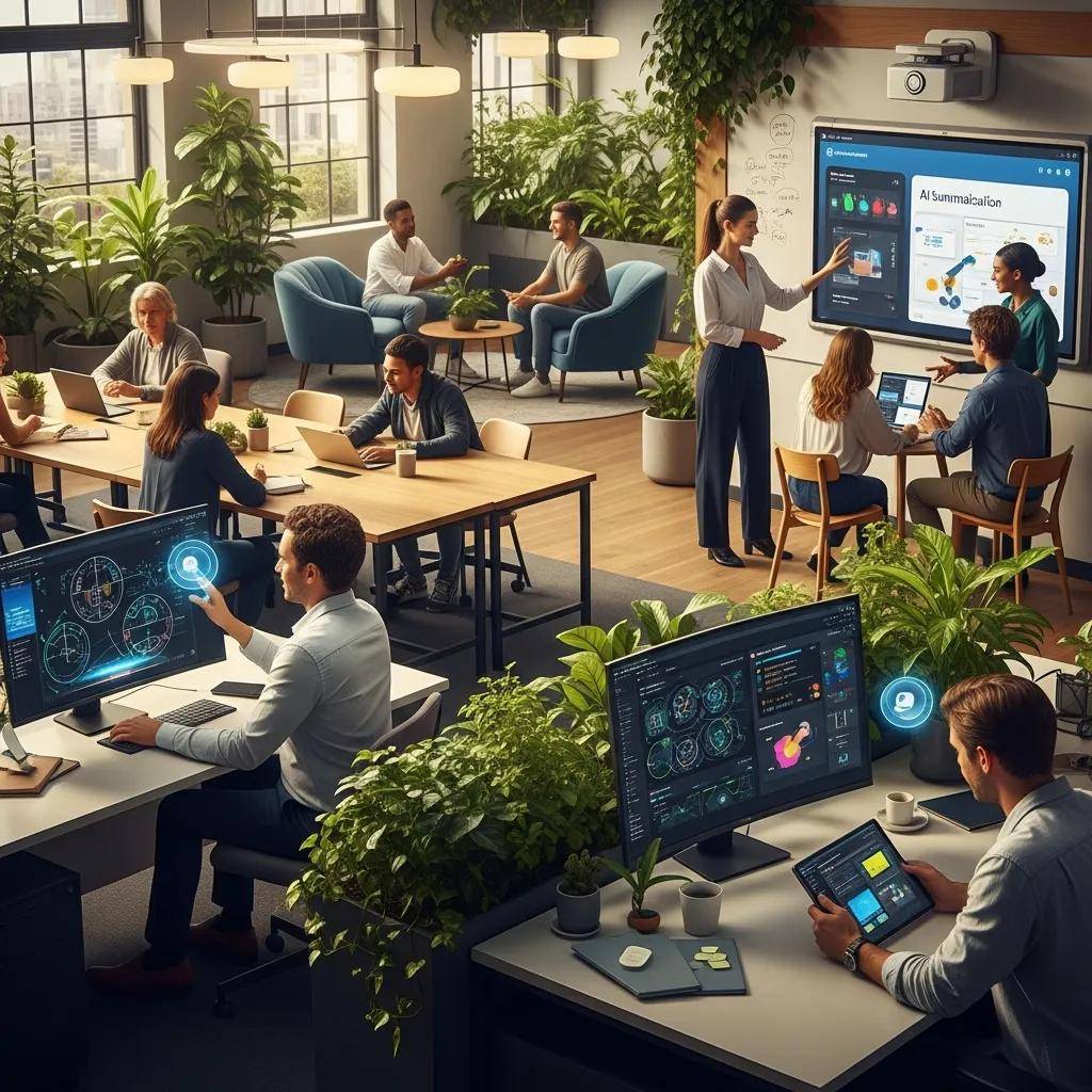 Employees collaborating in a modern office space with plants, utilizing AI tools for meaningful work and productivity, reflecting a people-first automation approach.