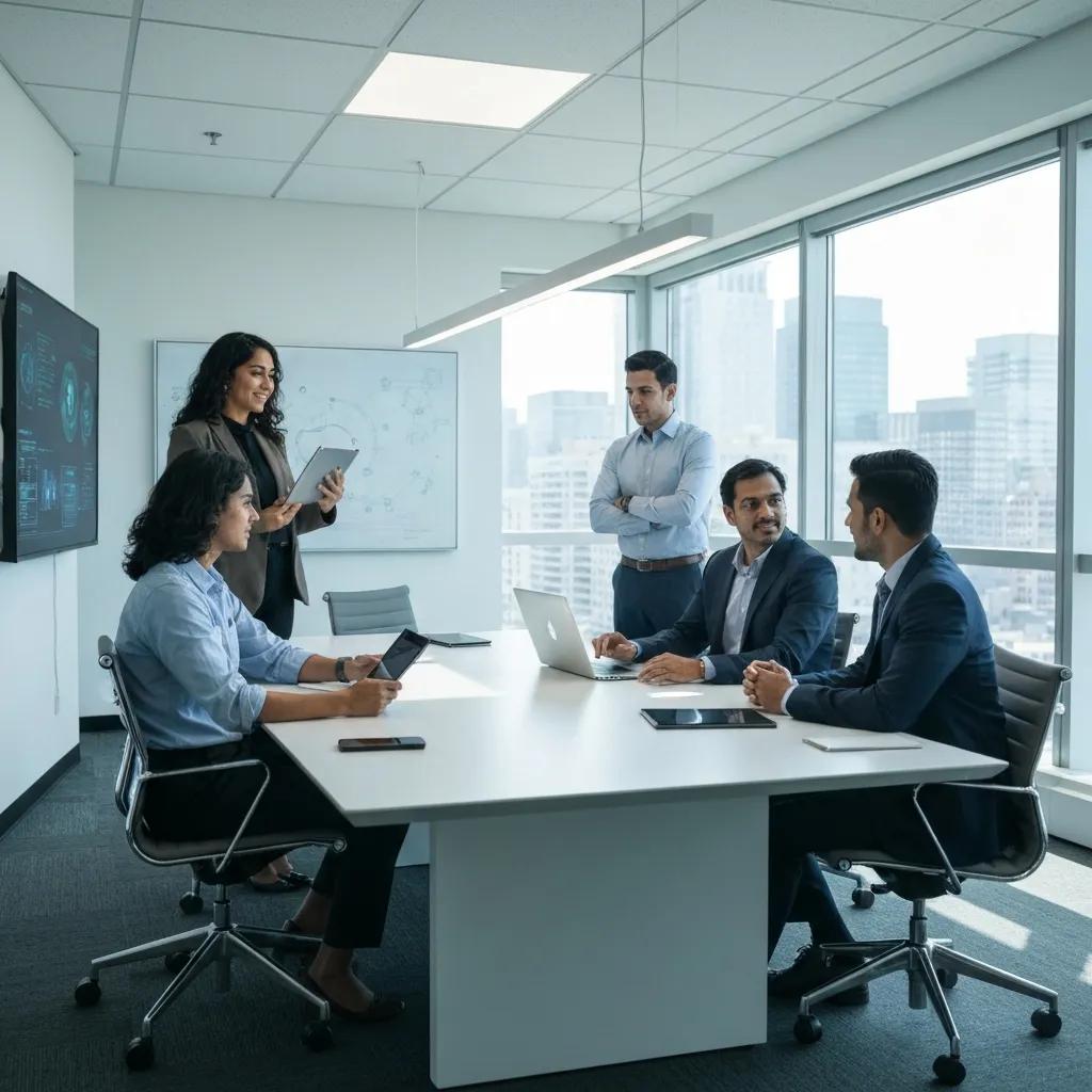 Executives collaborating on AI strategy in a modern office environment