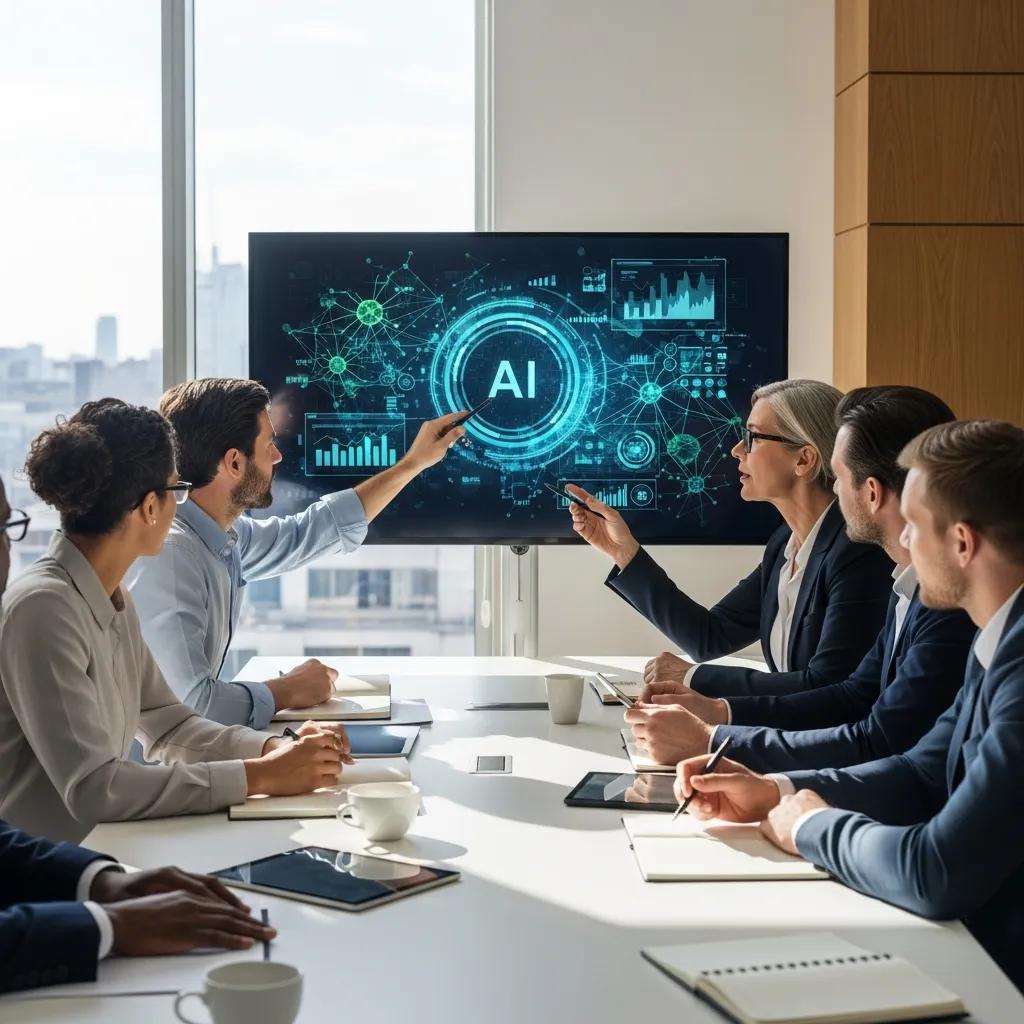 Executives collaborating on an AI strategy in a modern conference room