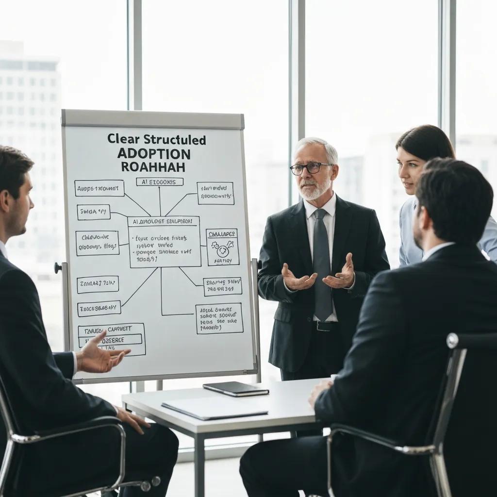 Executives discussing a structured AI adoption roadmap on a whiteboard