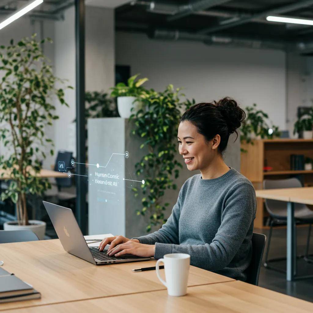 Happy employee in a bright workspace, showcasing the benefits of human-centric AI on productivity