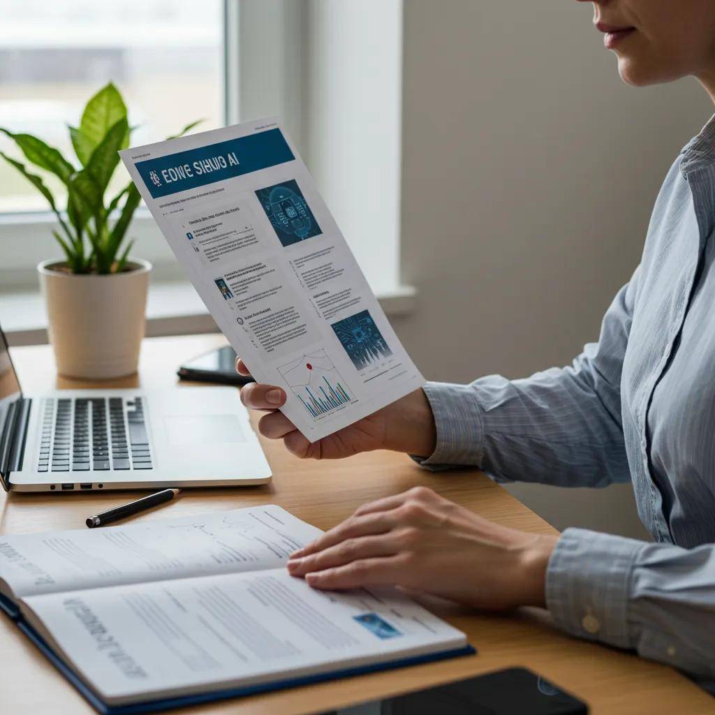 Professional reviewing ethical AI guidelines in a serene office environment