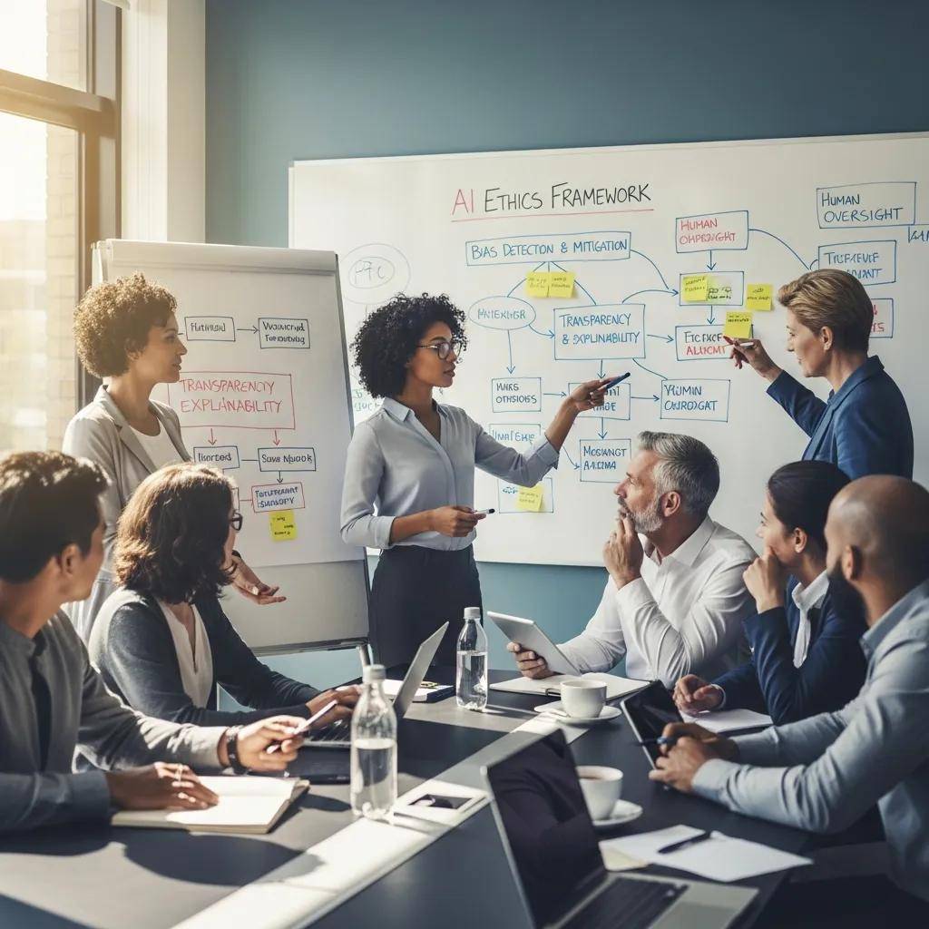 Professionals discussing ethical AI practices in a collaborative meeting, analyzing the AI ethics framework on a whiteboard with concepts like transparency and accountability.