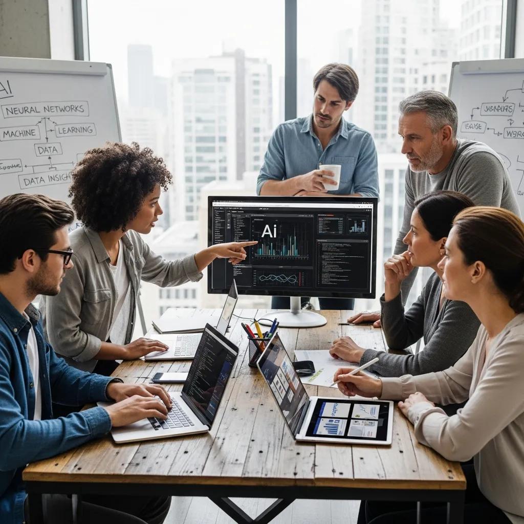 Blog 3 Small business team collaborating on AI strategy in a modern office