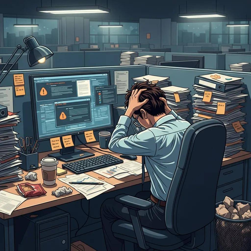 Blog 6 Stressed employee at a cluttered desk representing the hidden costs of drudge work