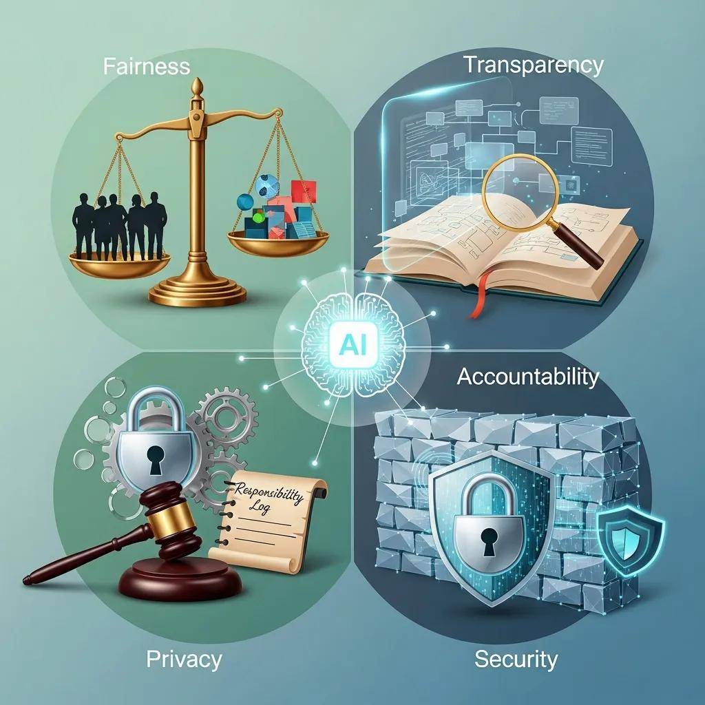 Symbolic representation of the five pillars of ethical AI implementation
