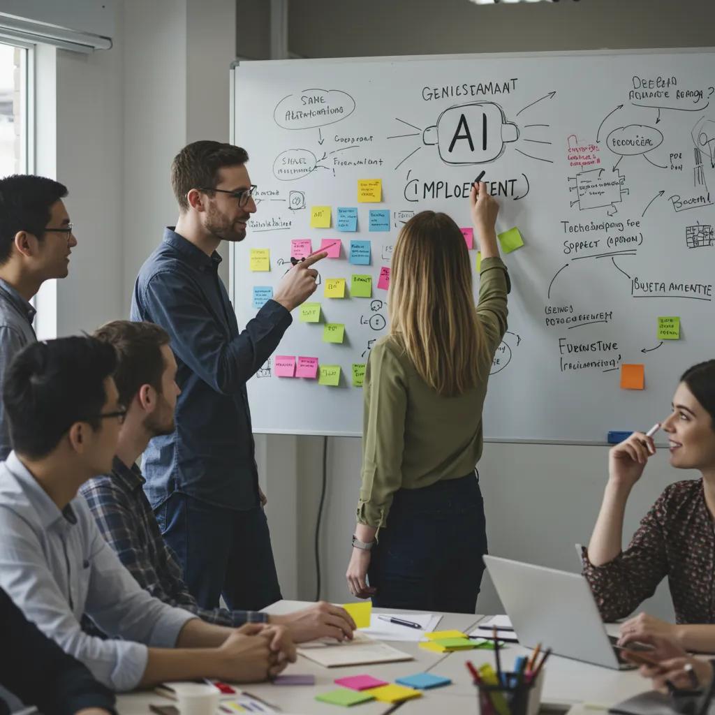 Team brainstorming session on human-centric AI implementation in a bright office