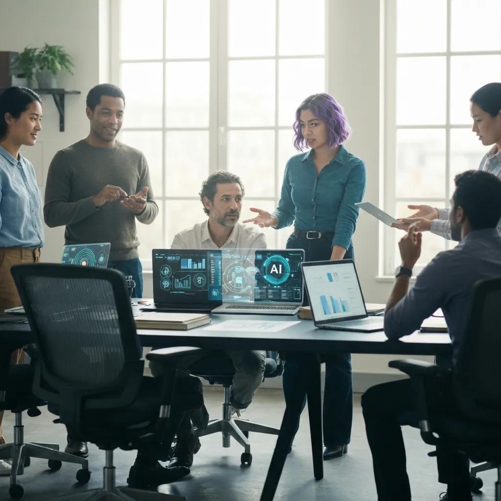 Team collaboration with AI technology in a modern workspace