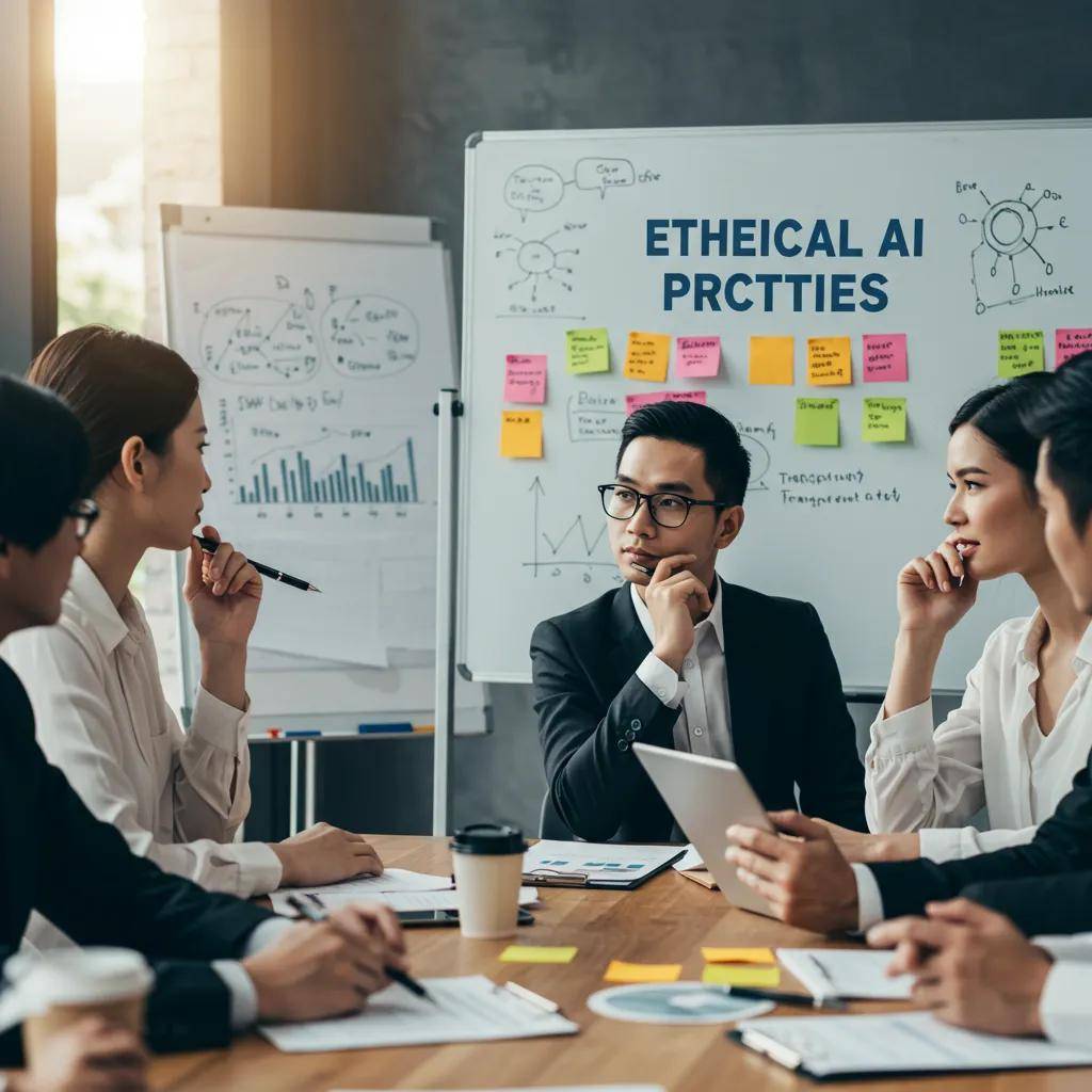 Team discussing ethical AI practices in a meeting, emphasizing transparency and accountability