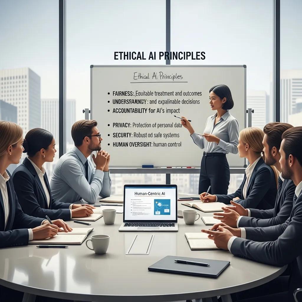 Silence the Hype: Why We Reject 20+ "Cool" AI Ideas to Find Your Top 3 1 Team discussing ethical AI principles in a collaborative business meeting