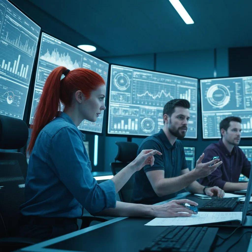 Team monitoring AI system performance in a high-tech control room