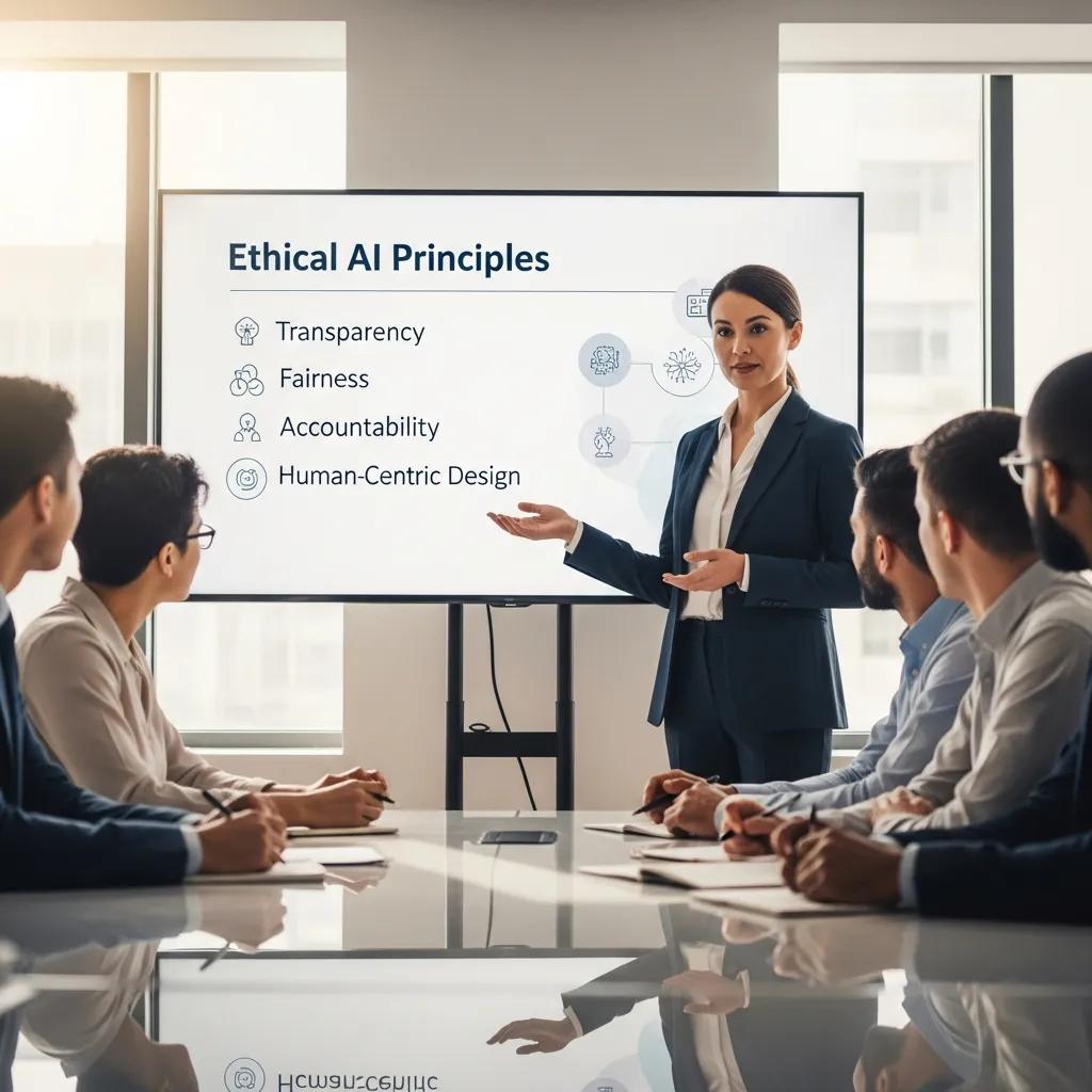 Business leader discussing ethical AI principles with employees