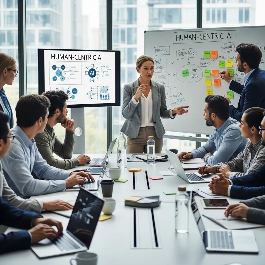 Business leader facilitating a workshop on human-centric AI strategy with employees