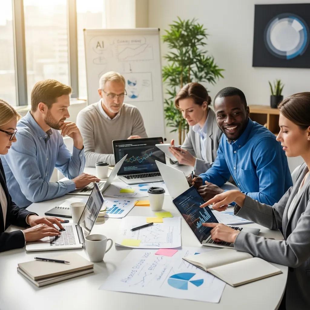 Business leaders collaborating on AI strategy in a modern office setting