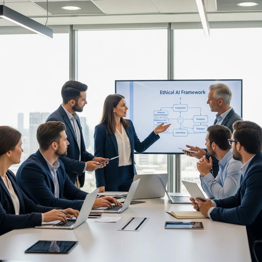 Business leaders collaborating on ethical AI strategies in a modern office