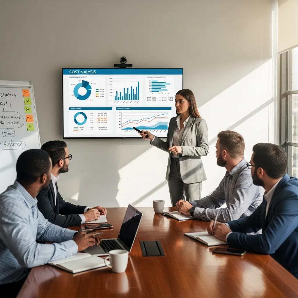 Business meeting discussing cost-effective AI leadership strategies