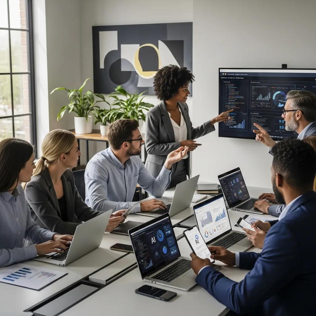 Business professionals collaborating on AI strategies in a modern office setting