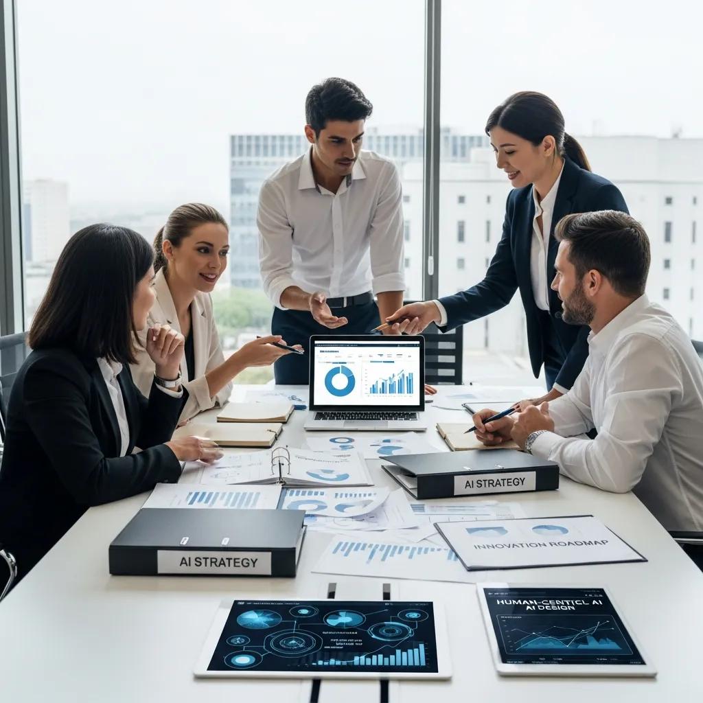 Business professionals collaborating on AI strategy in a modern office