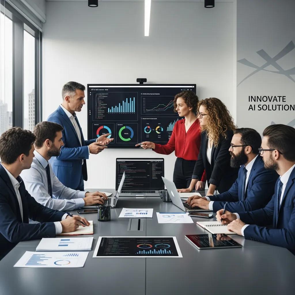 Business professionals collaborating on AI strategy in a modern office