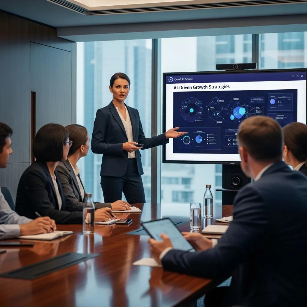 Chief AI Officer presenting AI strategies to executives in a boardroom