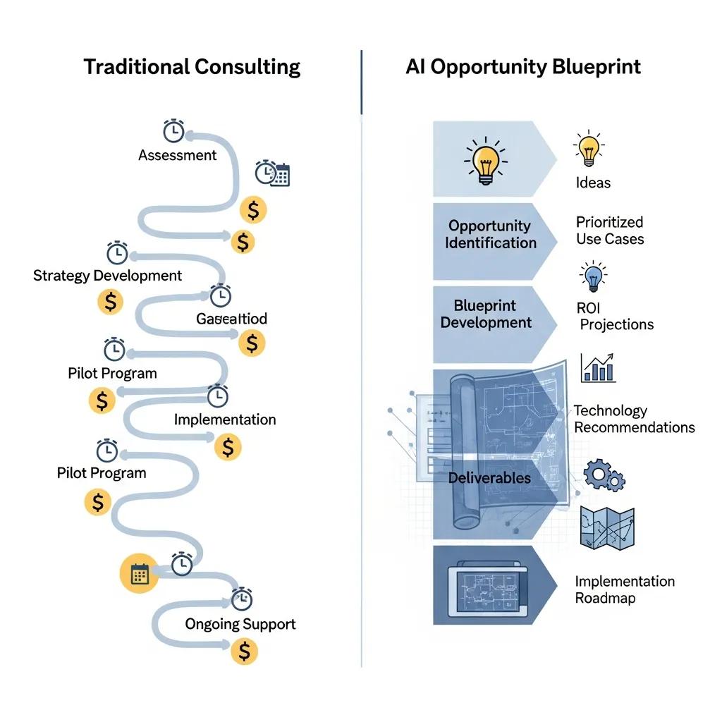 Comparison of AI consulting models highlighting the advantages of the AI Opportunity Blueprint
