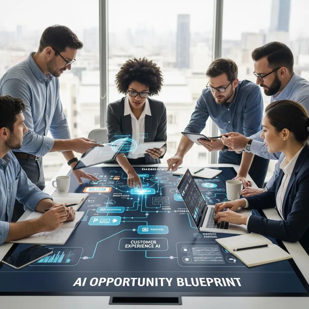 Diverse business leaders collaborating on an AI roadmap in a modern office setting