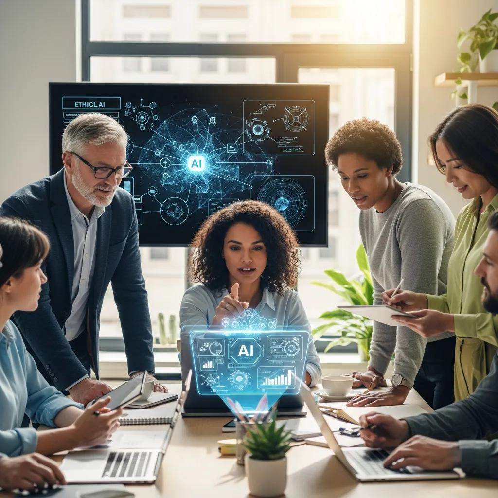 Diverse business professionals collaborating on ethical AI implementation strategies