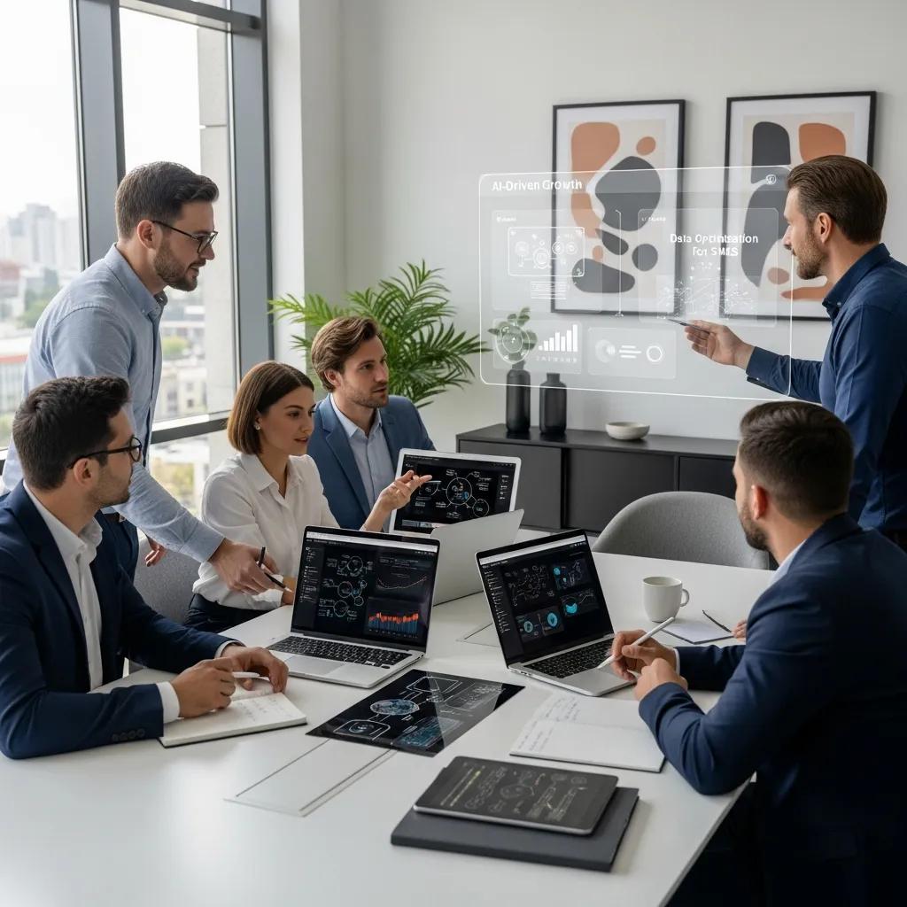 Diverse professionals collaborating on AI consulting solutions in a modern workspace