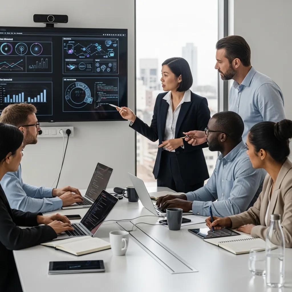 Diverse professionals collaborating on AI consulting strategies in a modern office