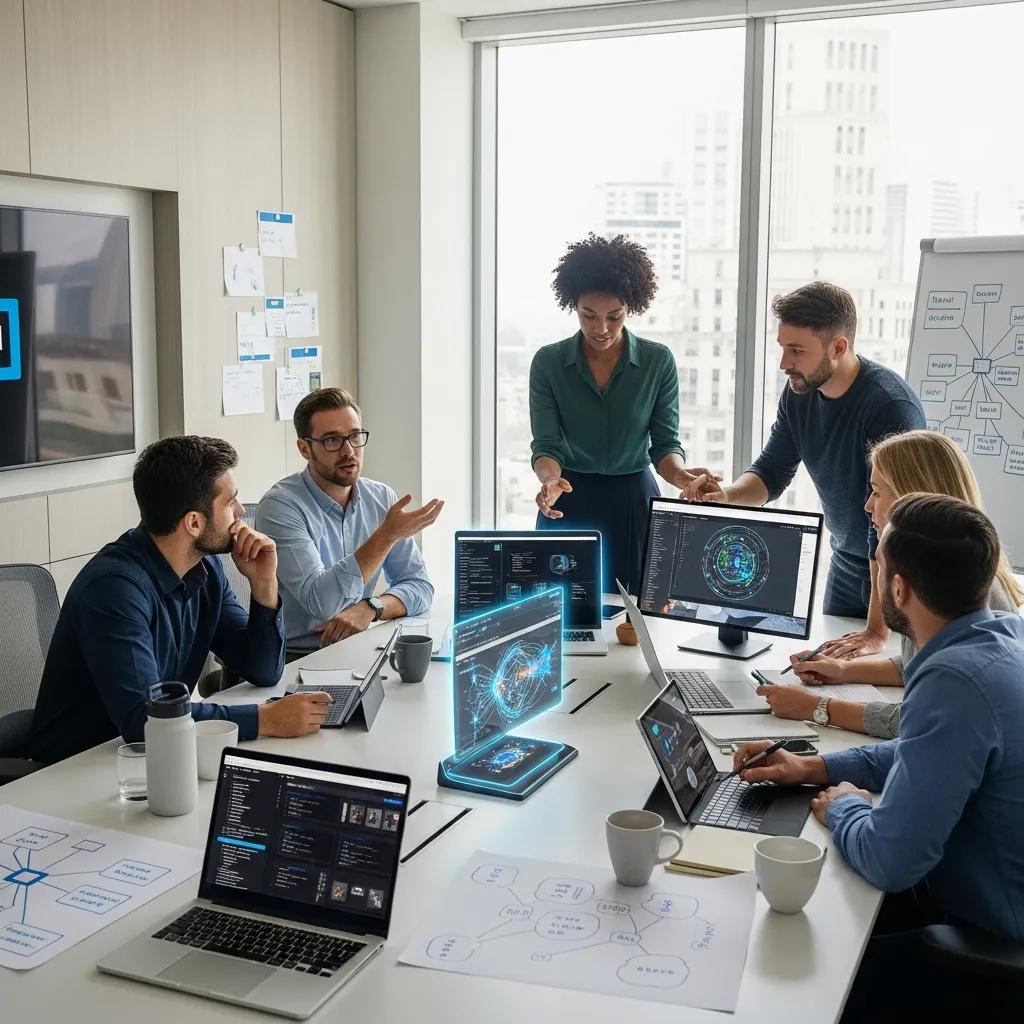 Diverse professionals collaborating on AI strategies in a modern office