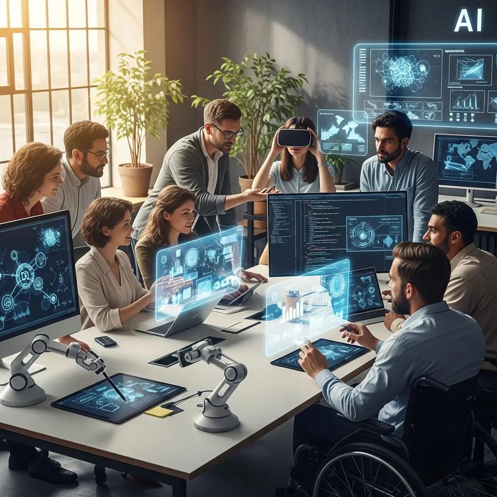 Diverse professionals collaborating on human-centric AI solutions in a modern office