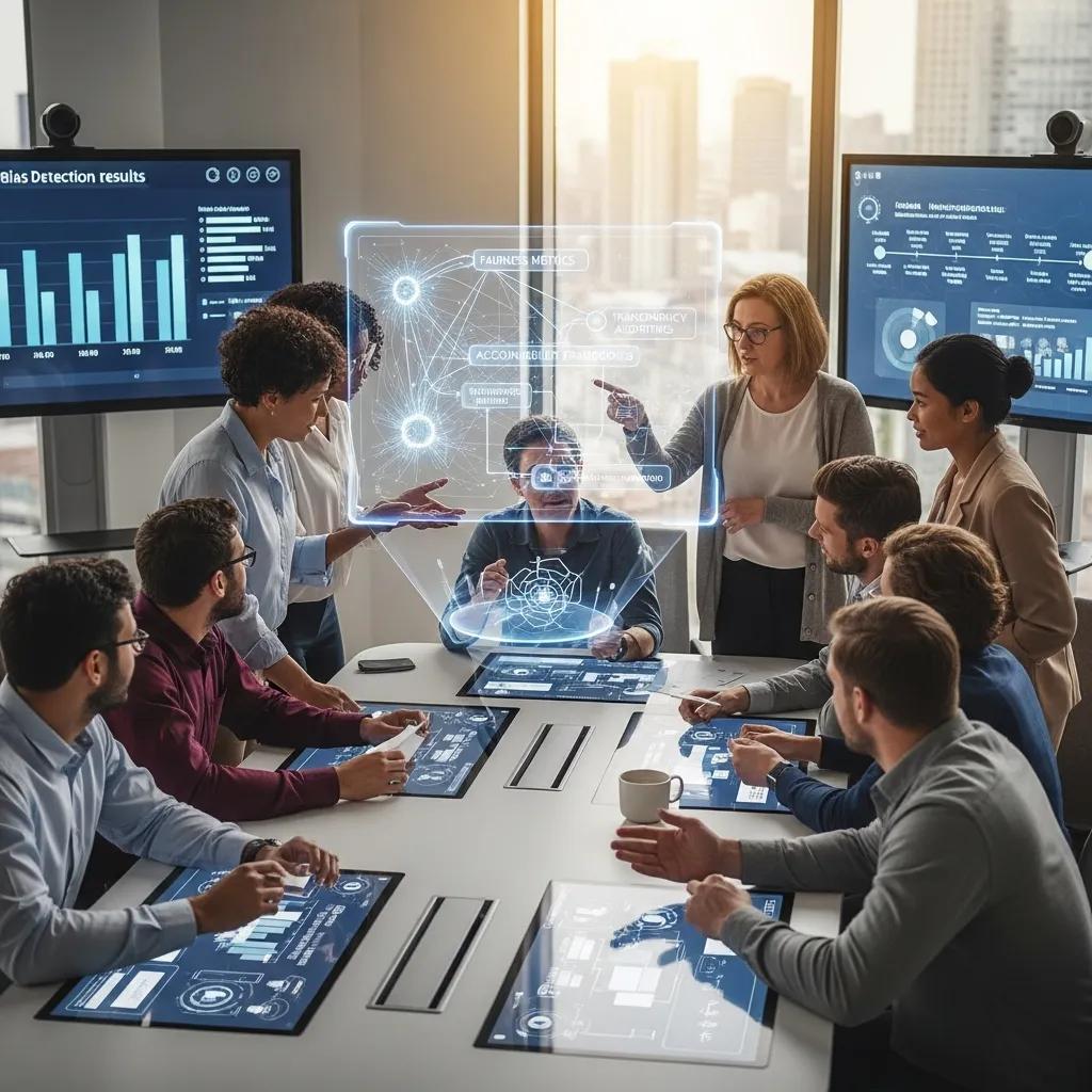 Diverse professionals discussing ethical AI principles in a collaborative environment, emphasizing fairness and transparency