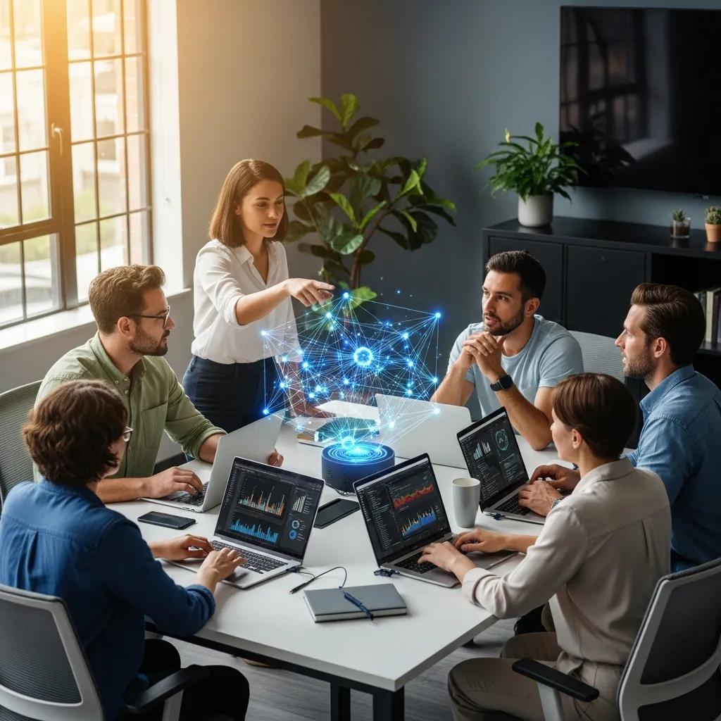 Diverse team collaborating on AI leadership strategies in a modern workspace