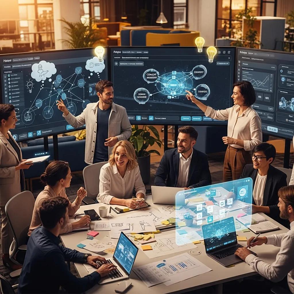 Employees brainstorming in a collaborative workspace focused on AI-driven culture