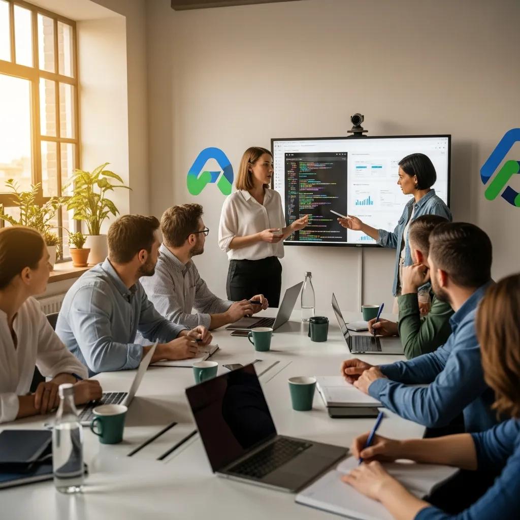 Employees participating in a training session on AI tools, emphasizing a people-first strategy